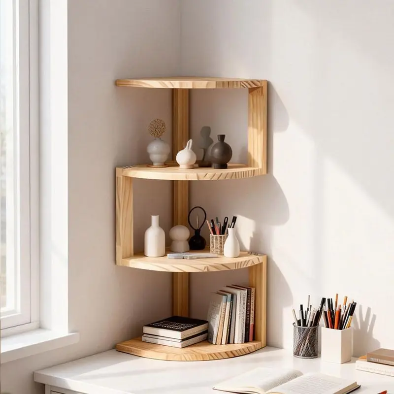 Corner Solid Wood Floating Shelf Wall Mounted Small Space Storage Display Rack Living Room Bedroom Office Furniture