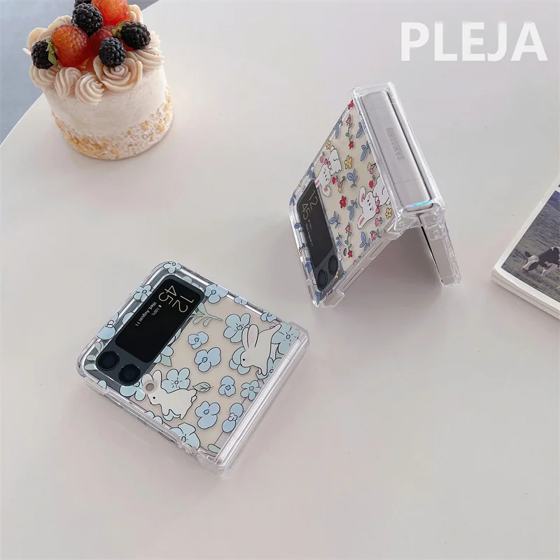 Korean Cute Flower Rabbit Chain Phone Case For Samsung Galaxy Z Flip 6 5 4 3 Z Flip3 Flip4 5G Cover Kawaii Cartoon Hinge Cases