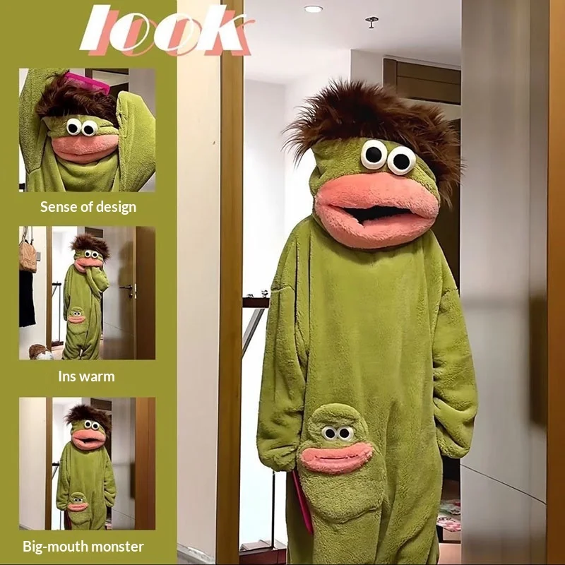 

Пижама-кигуруми «Большегубый монстр»: милые и забавные, из утолщенного кораллового флиса, домашняя одежда для пар, мужчин и женщин, осенне-зимняя, с мультяшным принтом
