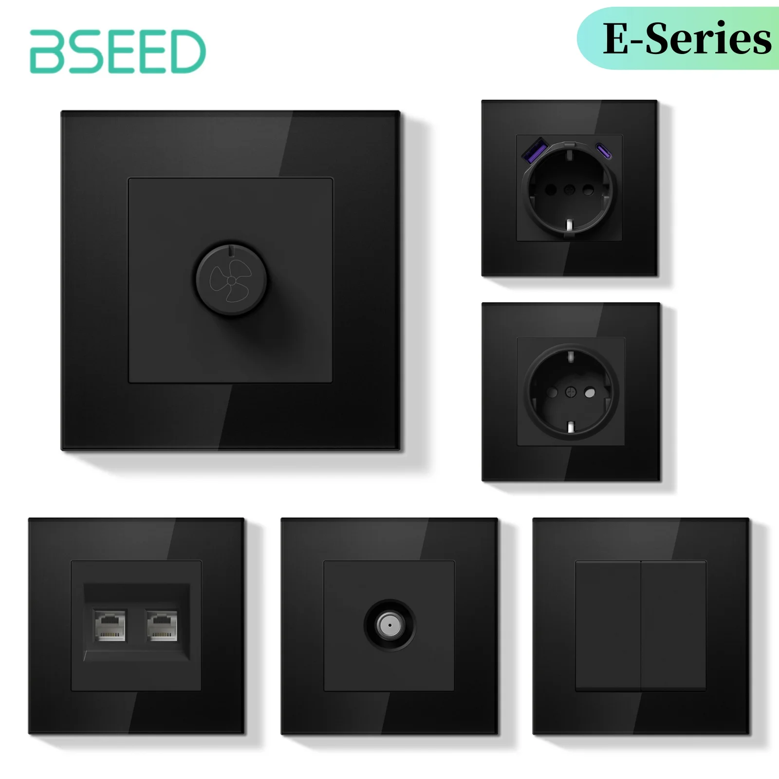 

Переключатель BSEED Выключатель света Черная стеклянная рамка Настенные розетки USB-C Зарядка телефона E-Series Стандарт ЕС 1-контактный