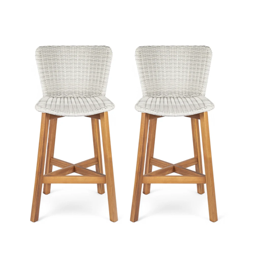 

Outdoor Bar Stool, Teak Finished Wood with Light Grey Wicker, Set of 2 bedroom set furniture