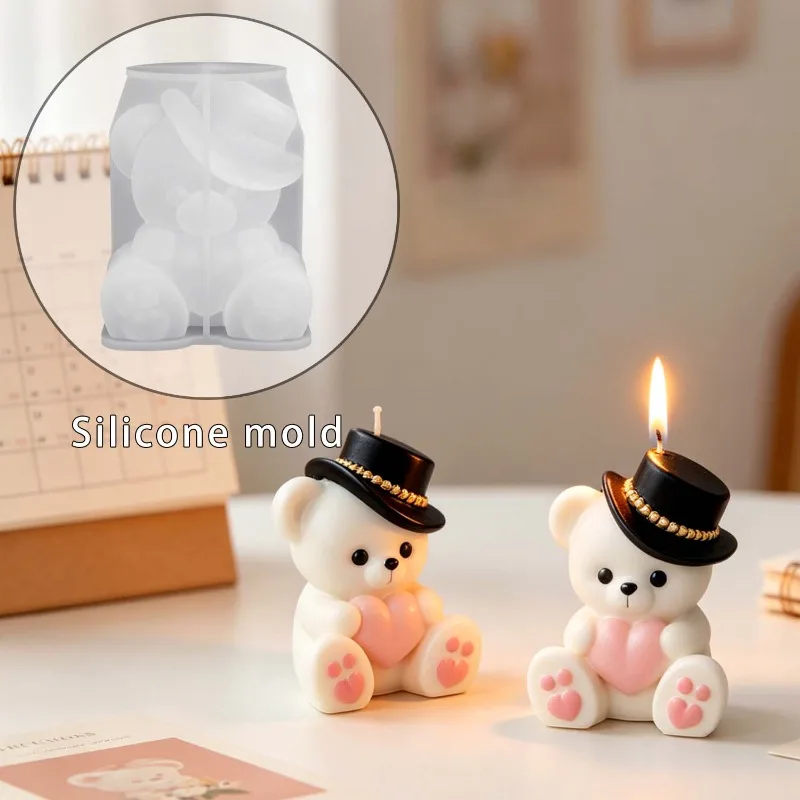 smiling bear wearing a hat and making a heart gesture;an irregularly shaped DIY mold suitable for making candles,wedding gifts