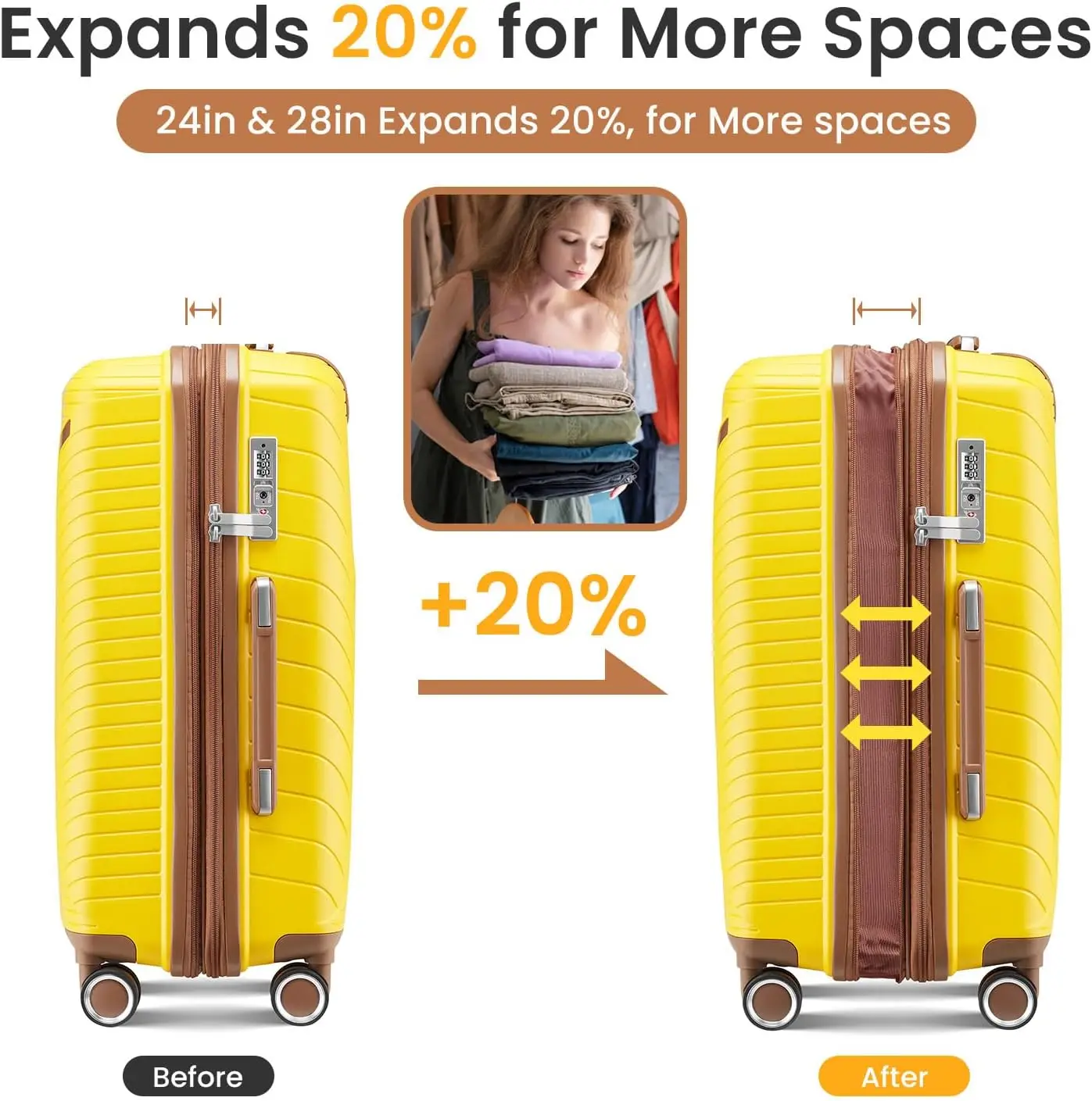 Mala Hardshell Pp Expansível Conjunto com Rodas Spinner, Bagagem de Viagem Leve, Tsa, 4 Pcs