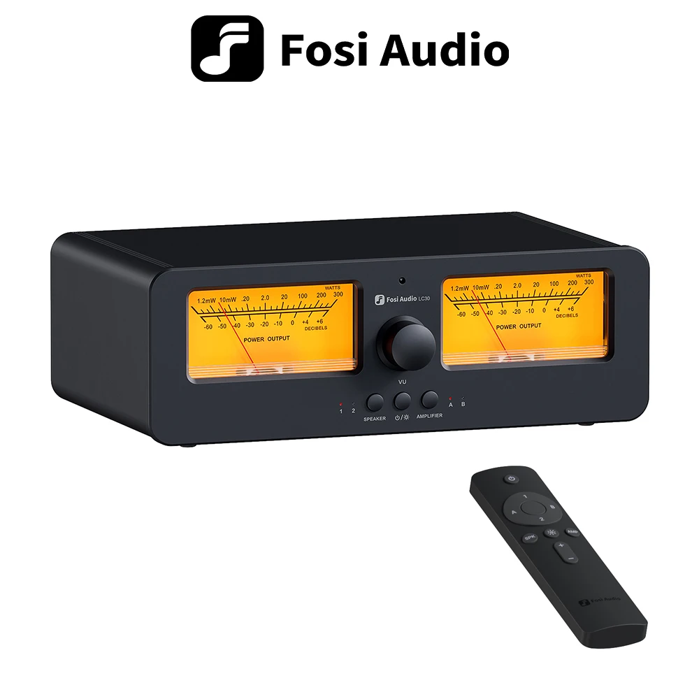 Fosi Audio LC30 Amplifier Speaker Switcher 2-in-2 Out Dual Analog VU Meter Audio Switcher Box z panelem DB i pilotem zdalnego sterowania