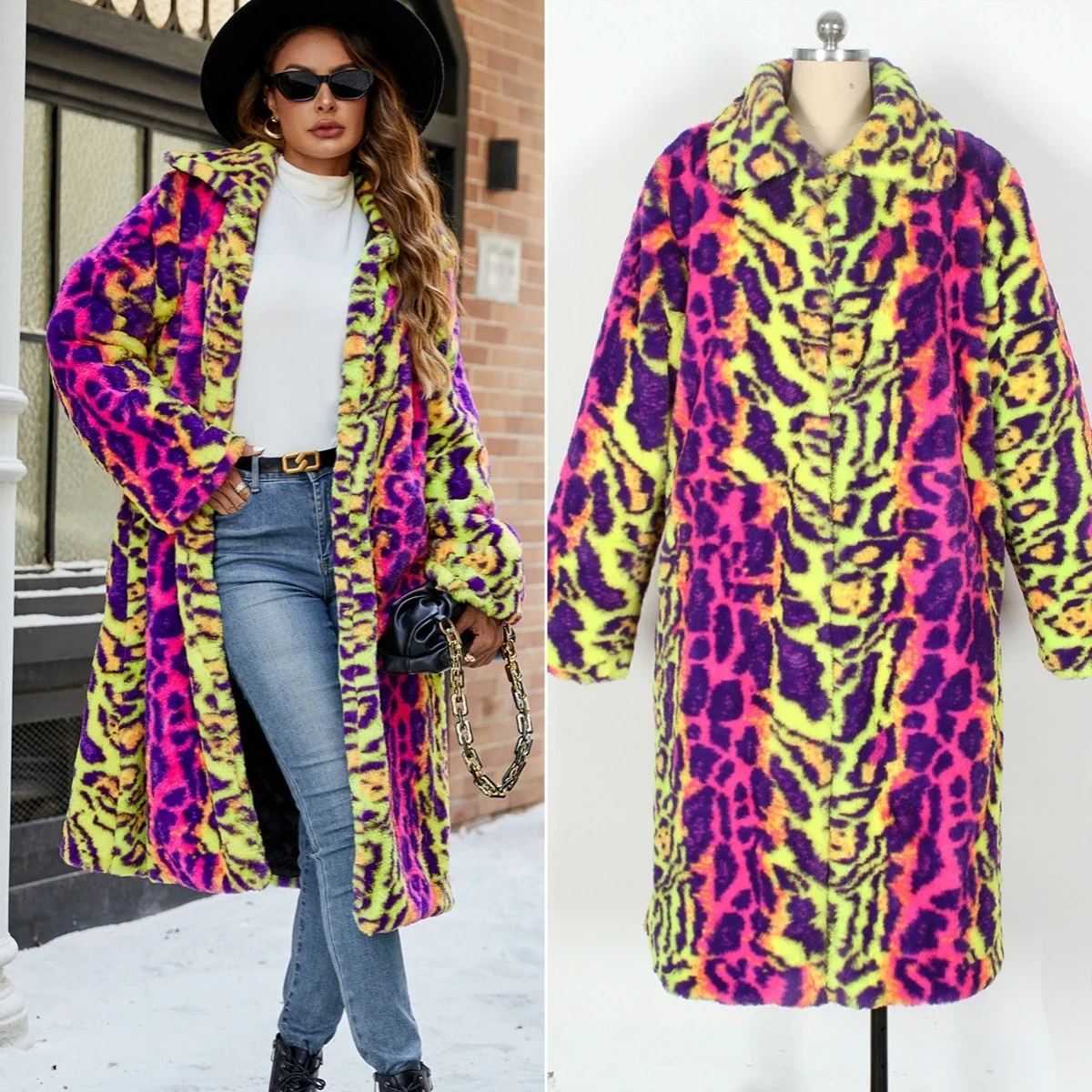 

Women Faux Fur Mid Length Coats Jackets Leopard Print Coat Y2k Streetwear Turn Down Collar Jacket Outerwear Autumn Winter
