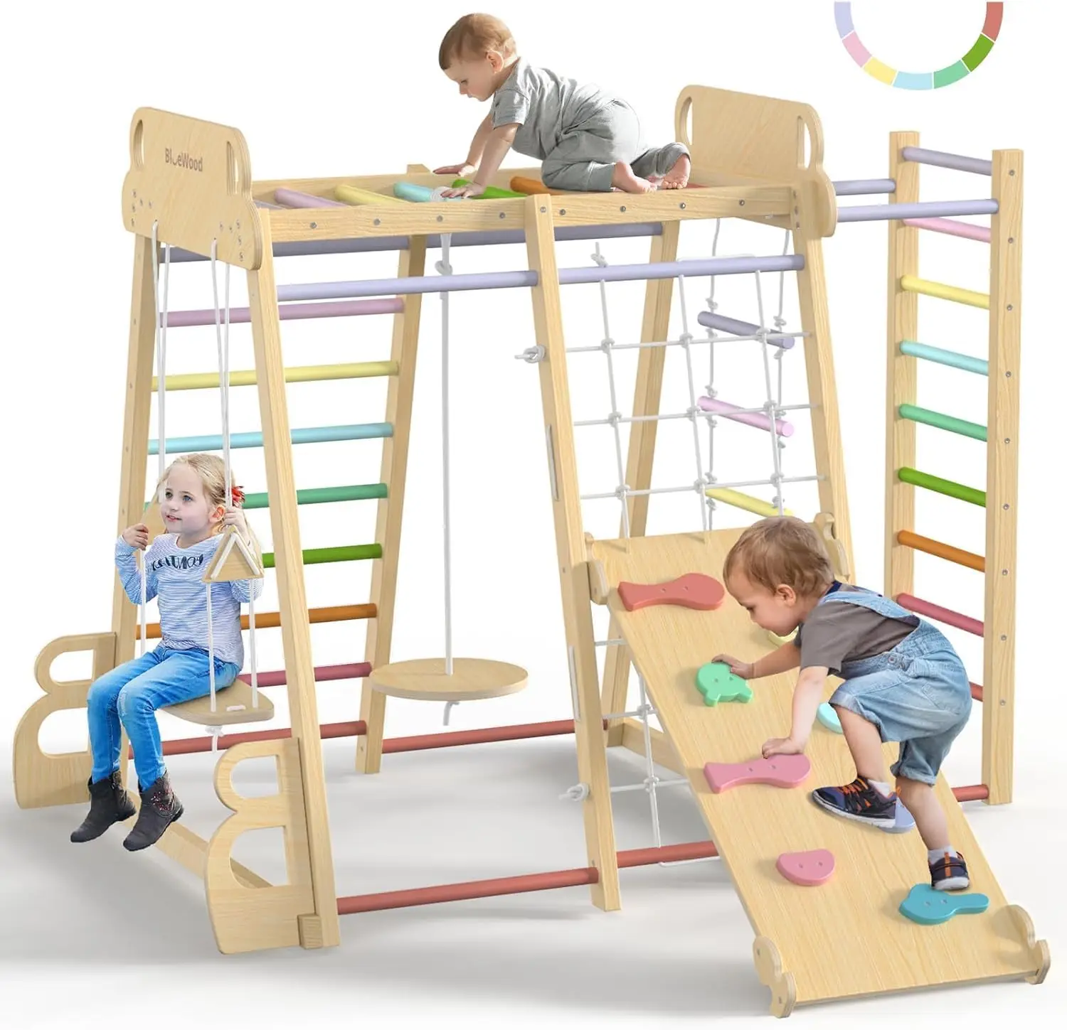 

Детский игровой комплекс BlueWood Upgraded Indoor Jungle Gym 9-в-1, деревянный скалодром в стиле Вальдорф с горкой и качелями