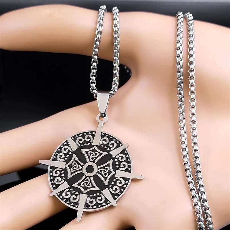 Viking Compass Shield Trinity Knot Necklace for Women Men Stainless Steel Silver Color Witch Celtic Necklaces Jewelry N7967S02