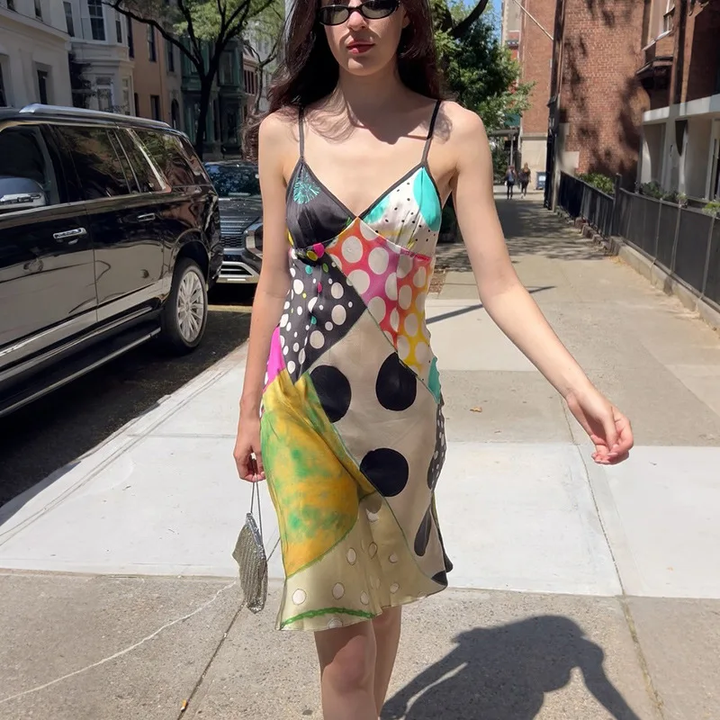 Women Satin Slip Midi Dress Color Block Polka Dot Print Spaghetti Strap V Neck Irregular Hem Summer Party Dress Beach Skirt