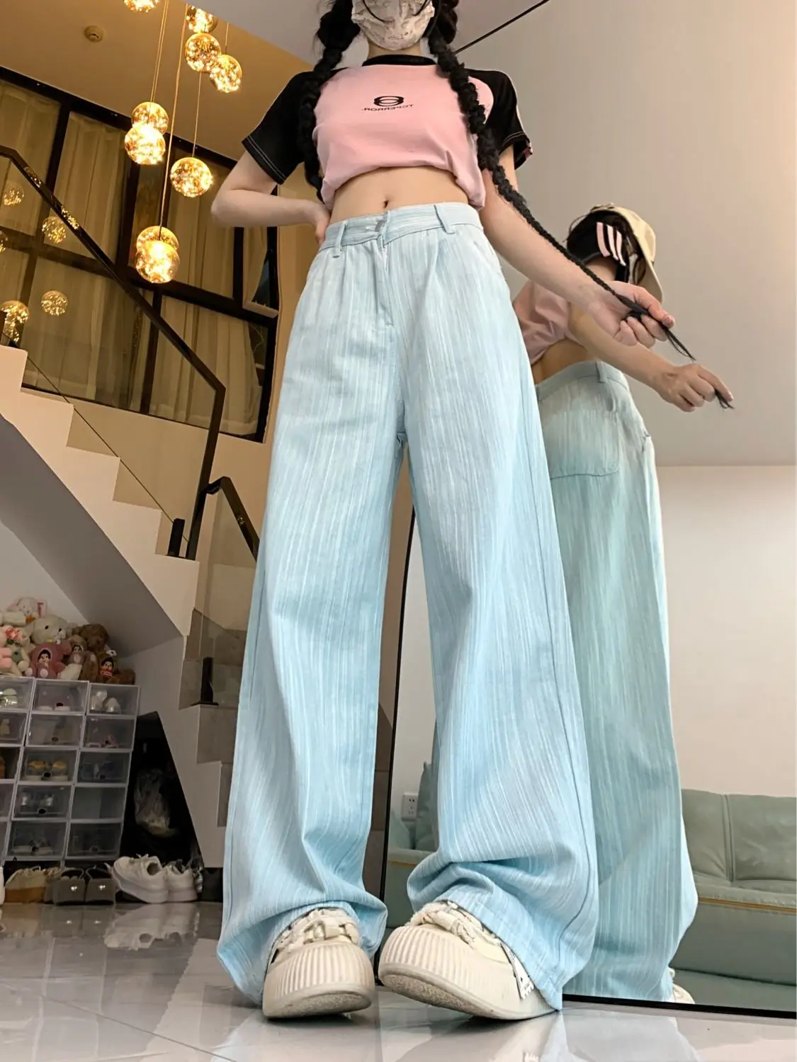 Jeans High-End Striped Women\'S 2024 Summer New Design Light-Colored High-Waisted Straight Wide-Leg Floor-Length Trousers