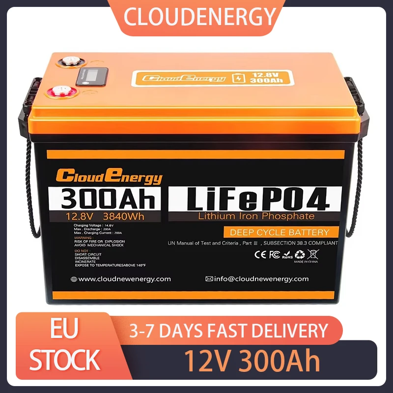 Cloudenergy 12V 300Ah LiFePO4 Battery Pack Backup Power 3840Wh Energy 6000+ Cycles Built-in 200A BMS Support in Series/Parallel