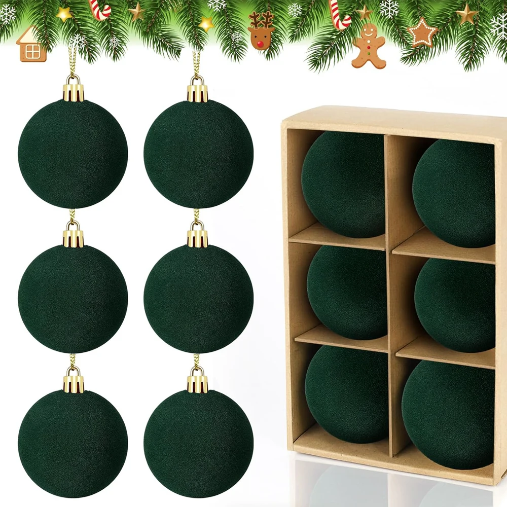 6pcs 5cm Velvet Christmas Tree Ornaments Plush Flocked Hanging Balls for Holiday Decor, Christmas Decoration Xmas Clearance