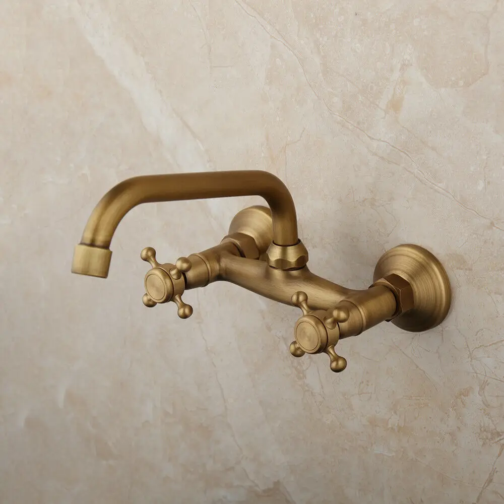 

Antique Brass Bathroom Kitchen Sink Basin Faucet Mixer Tap Swivel Spout Wall Mounted Dual Handles mnf735