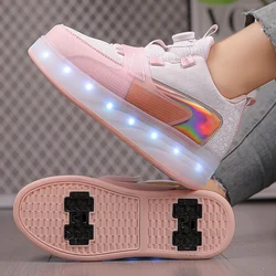 Nuove scarpe da passeggio per bambini ragazze ragazzi doppie ruote quattro ruote possono camminare può scivolare può restringere i pattini a rotelle con luce lampeggiante