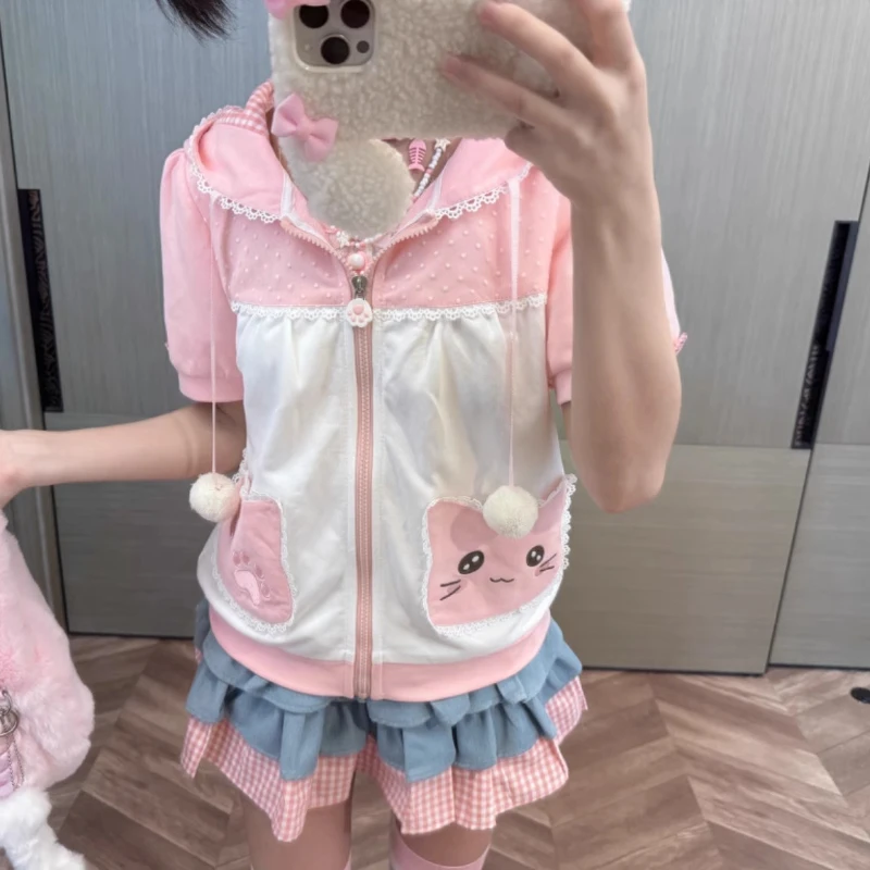 Original Summer Women's Clothing Cartoon Printing Pink White Splicing Bubble Sleeve Hooded Top Bow Sweet Versatile Female Coat