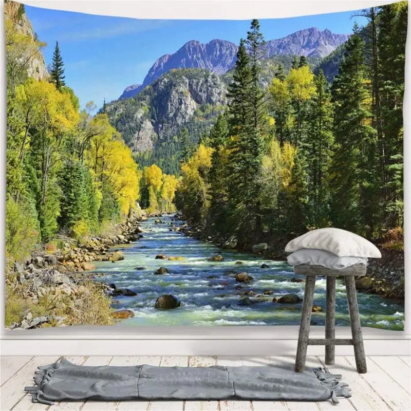 VIKAMA Autumn Valley Stream Snow Mountain Tapestry Wall Art Hanging for Bedroom Living Room Decor Natural Scenery Photography