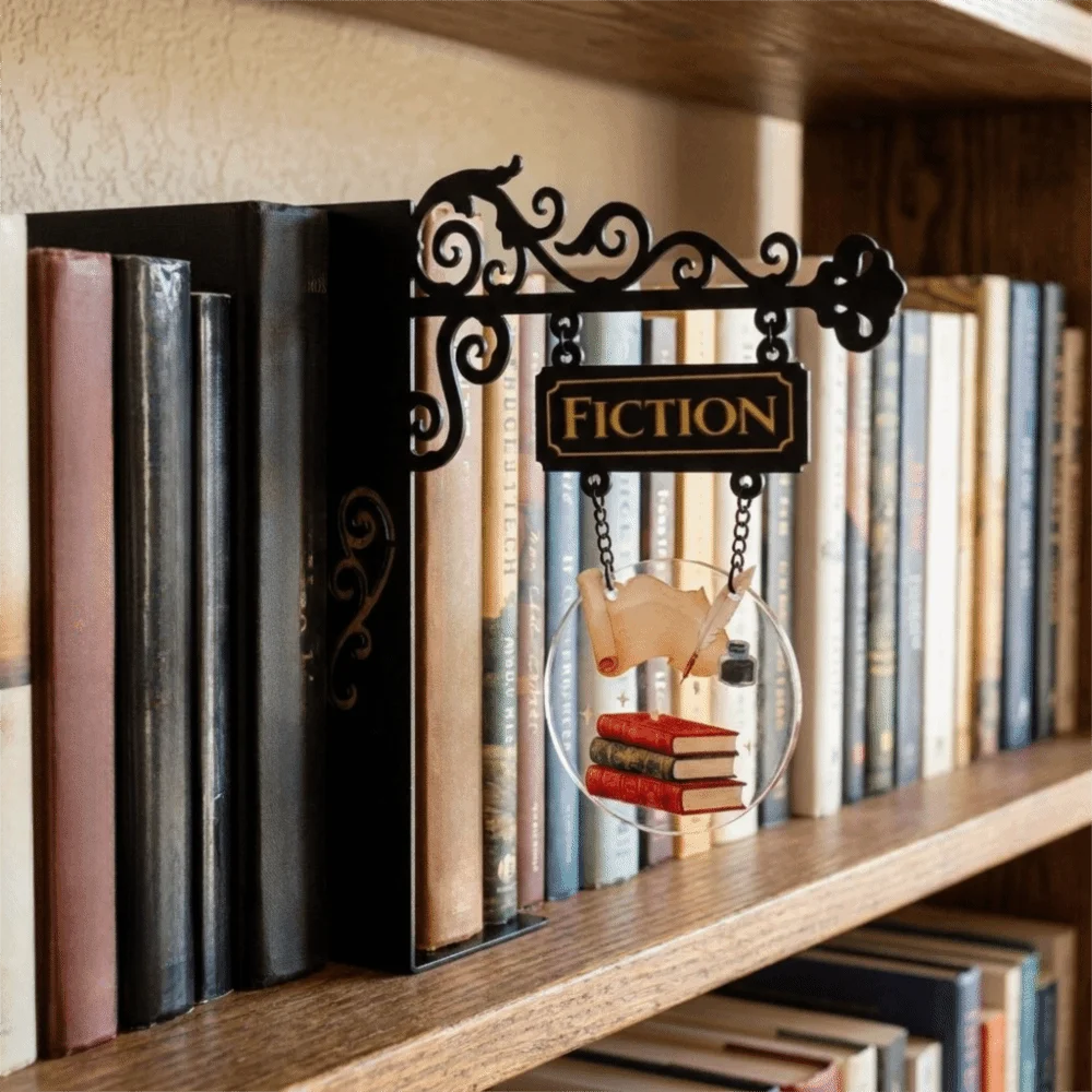Creative Metal Book Divider Decorative Lightweight Bookend Hanging Plaque Book Pattern Library Wall Bookshelf Study Desk