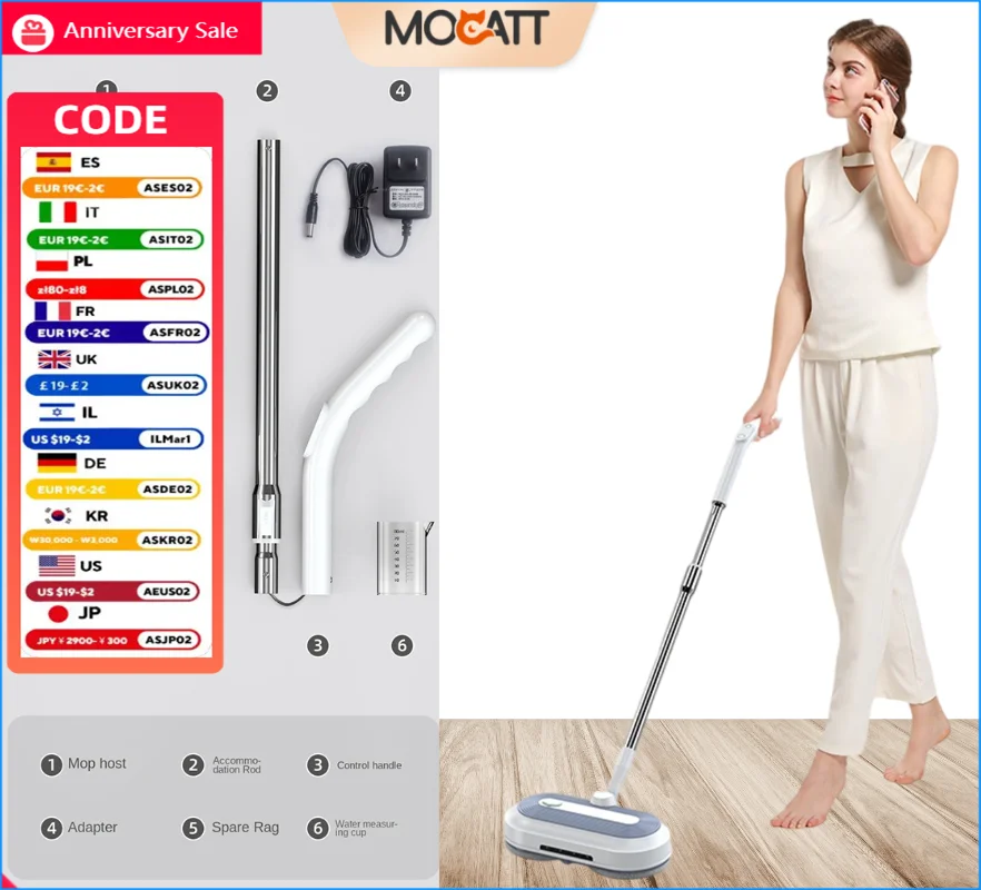 MOCATT インテリジェントワイヤレス電動モップ、ウェットドライ両用回転吸引モップ、車の家のガラス天井、ドア、窓、床