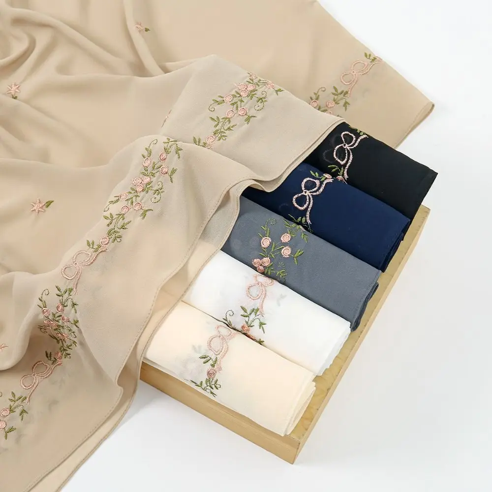 

Fashion Chiffon Material Ramadan Hijab Scarf Plain Floral Embroidery Summer Femme Shawl 170*70cm Women Lace Shawl Ramadan Season