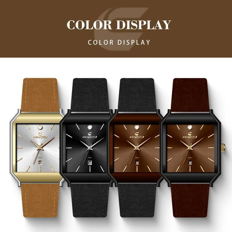 

CHAXIGO Men's Business Leather Strap Watch Precision Steel Forged Case 30m Water Resistance Screw-Down Crown Office Dress Watch