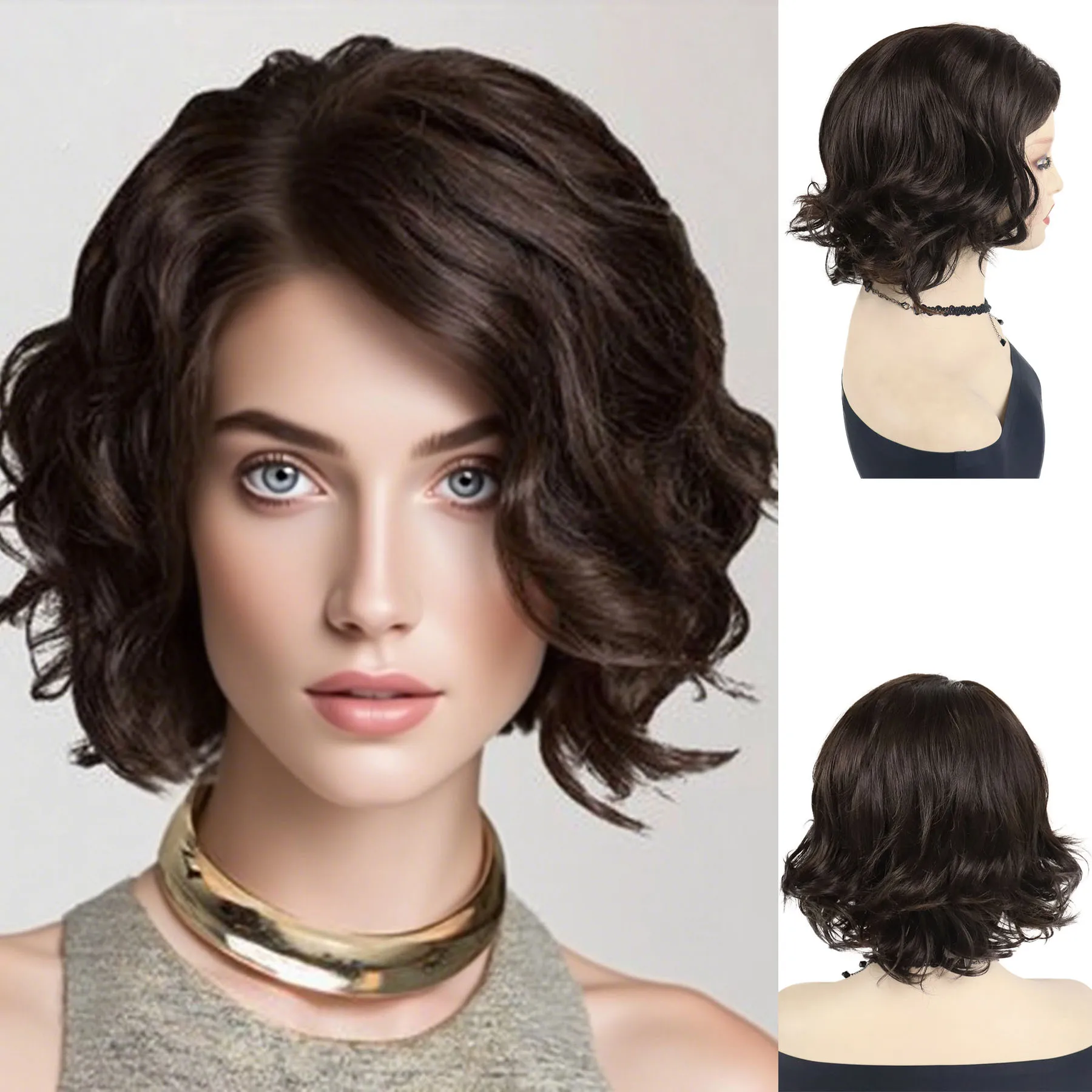 

Синтетические элегантные короткие вьющиеся волосы, коричневый парик Боб с боковым пробором и челкой для женщин, натуральный пушистый повседневный косплей, вечеринка для мамы и женщины