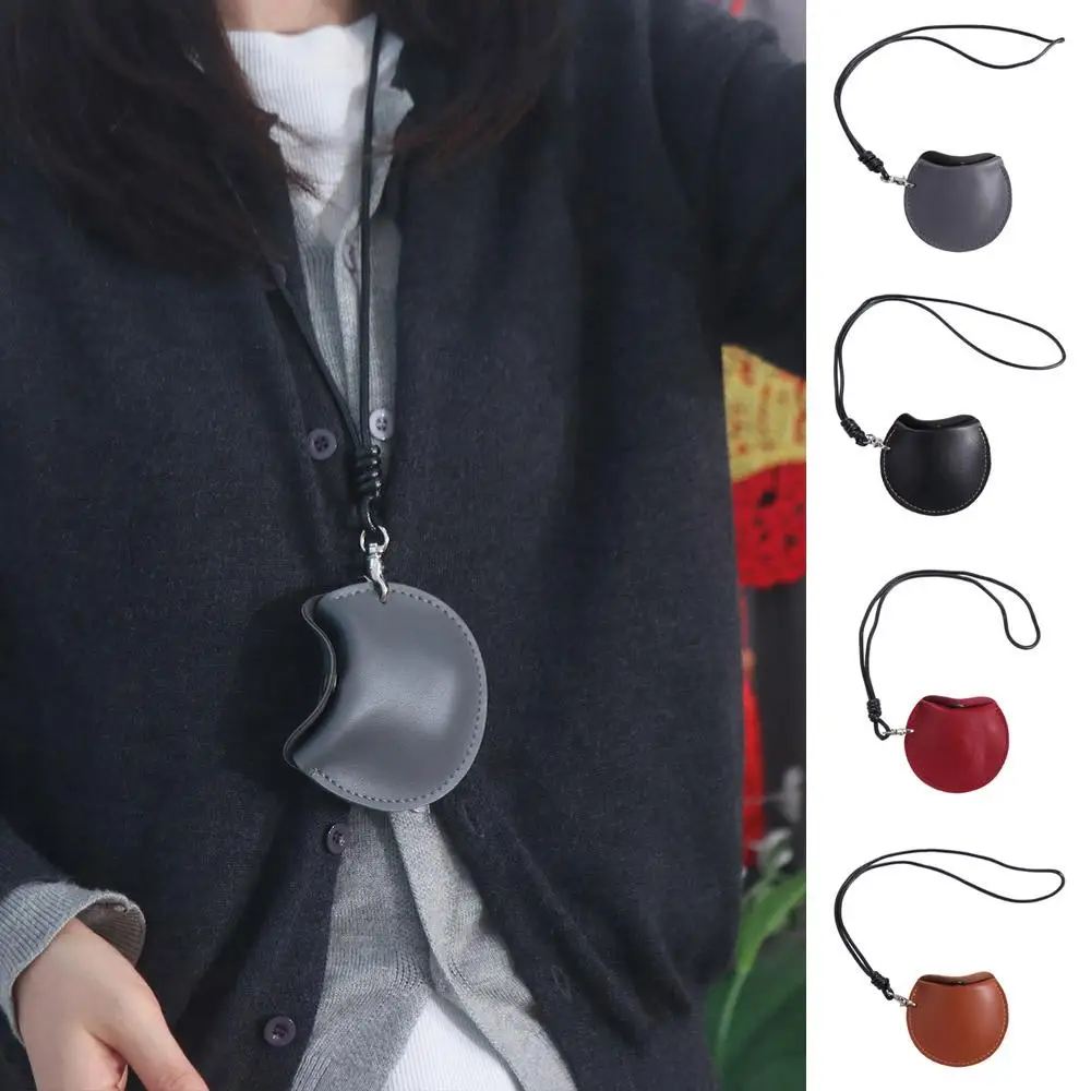 Portable PU Leather Hanging Neck Coin Purse With Lanyard Round Hanging Neck Earphone Bag Mini Wallet Card Case Key Case Daily