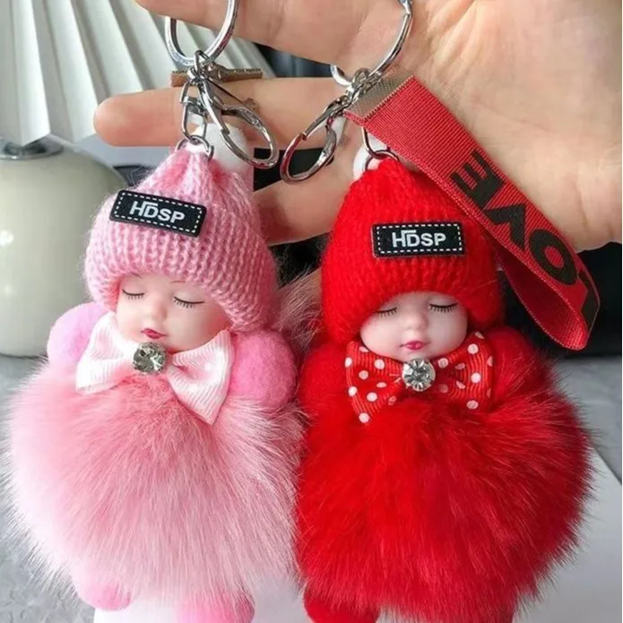Echte Fuchs Pelz Plüsch Puppe Schlüsselbund Nette Flauschige Augen Geschlossen Puppe Schlüsselring Frauen Mädchen Rucksack Anhänger Winter Pompom Autos Schlüssel Ring