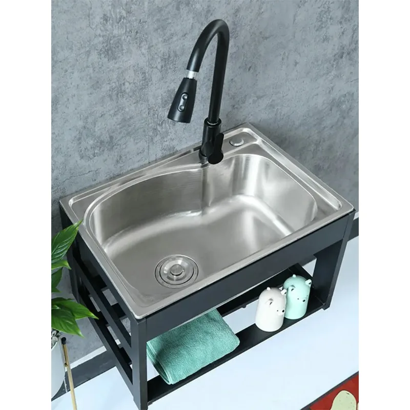 High-End Fabricated Outdoor Free Standing Stainless Steel 304 Thicken Wash Basin Kitchen Sink with Aluminium Alloy Bracket