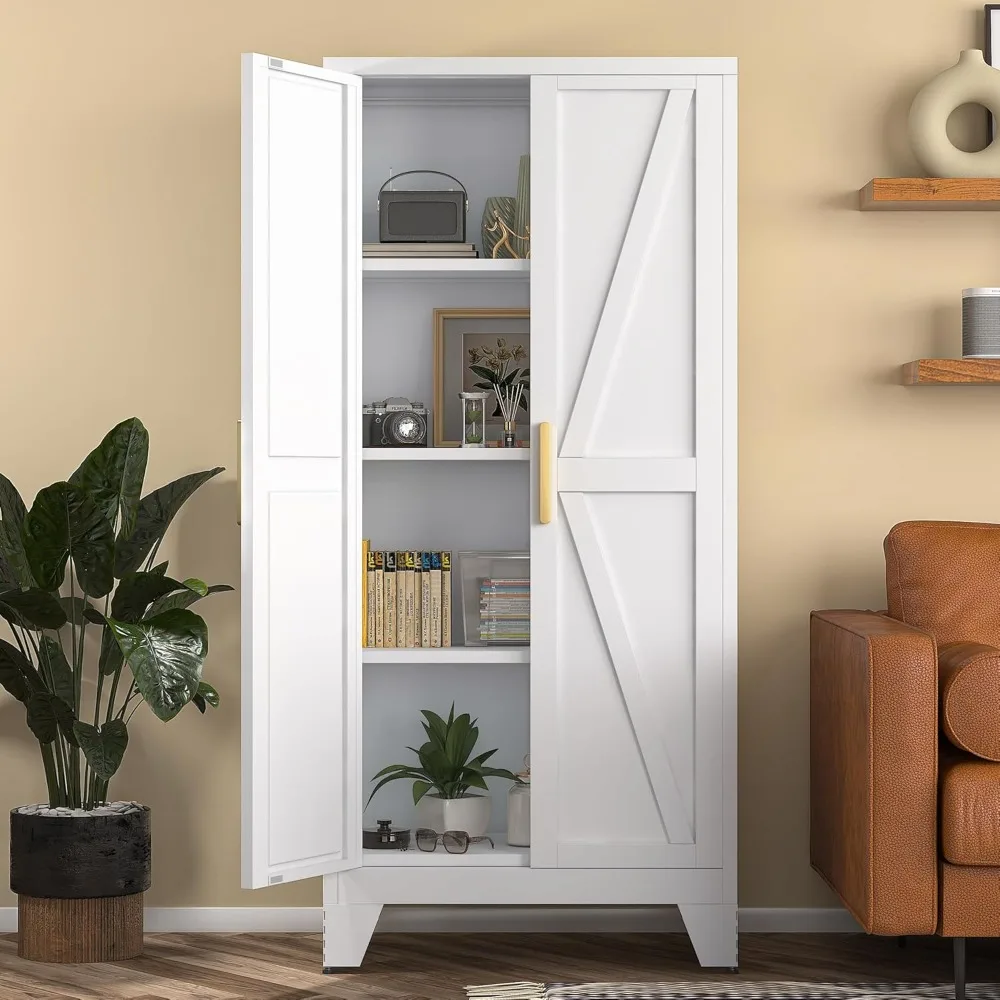 

White Farmhouse Storage Kitchen Pantry Cabinet with 2 Barn Door, 3 Adjustable Shelves and Legs, for Dining Room/Living Room