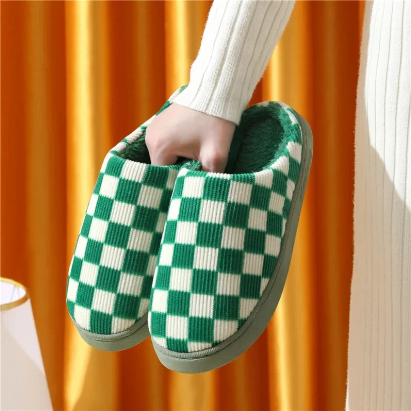 Plaid Home Slipper Womens Winter Warm Cartoon Plush Contton Indoor Funny Non Slip Fuzzy Floor House Shoes Female Checkerboard