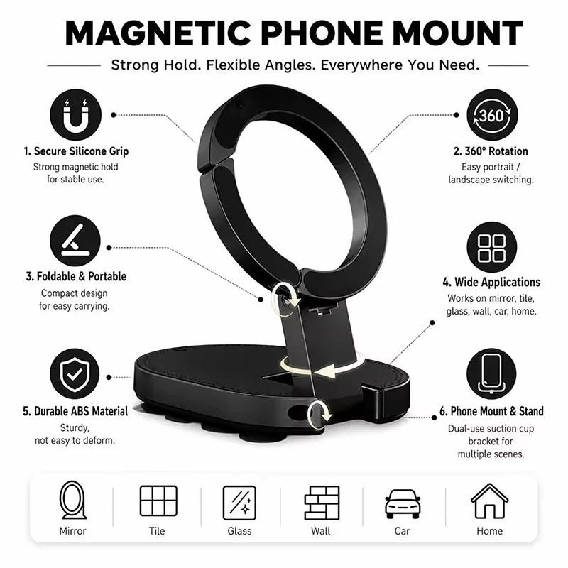 3 In1 Magnetic Foldable Phone Stand Universal 360 Rotation Desktop Mobile Holder With Suction Cups At The Bottom view 2