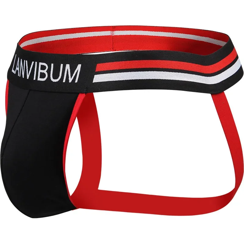 Men's Striped Waistband Athletic Jockstraps Low Waist Butt Lifting Sexy Open Back Sport Supporter Stretch Intimate Underpants
