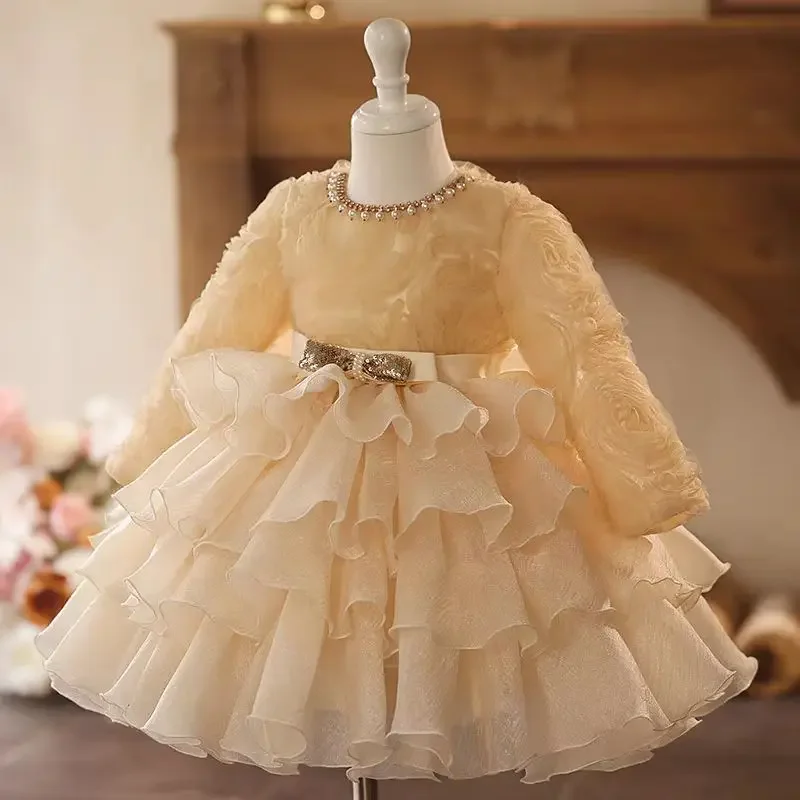 فستان أنيق لفتاة الزهور بلون الشمبانيا بأكمام طويلة للأميرة للأطفال الصغار لحفلات الزفاف وأعياد الميلاد الأولى وحفلات العطلات #3