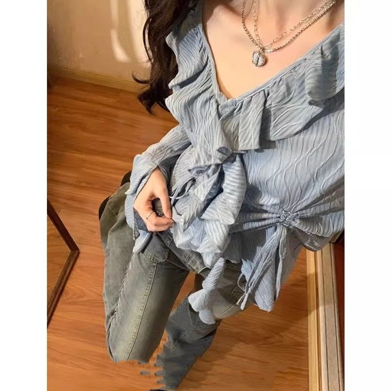 DAYIFUN Blue V-neck Ruffled Slim Fit Ladies' Shirts French Flared Sleeved Irregular Women's Tops Female's Sexy Chic Pullover Top