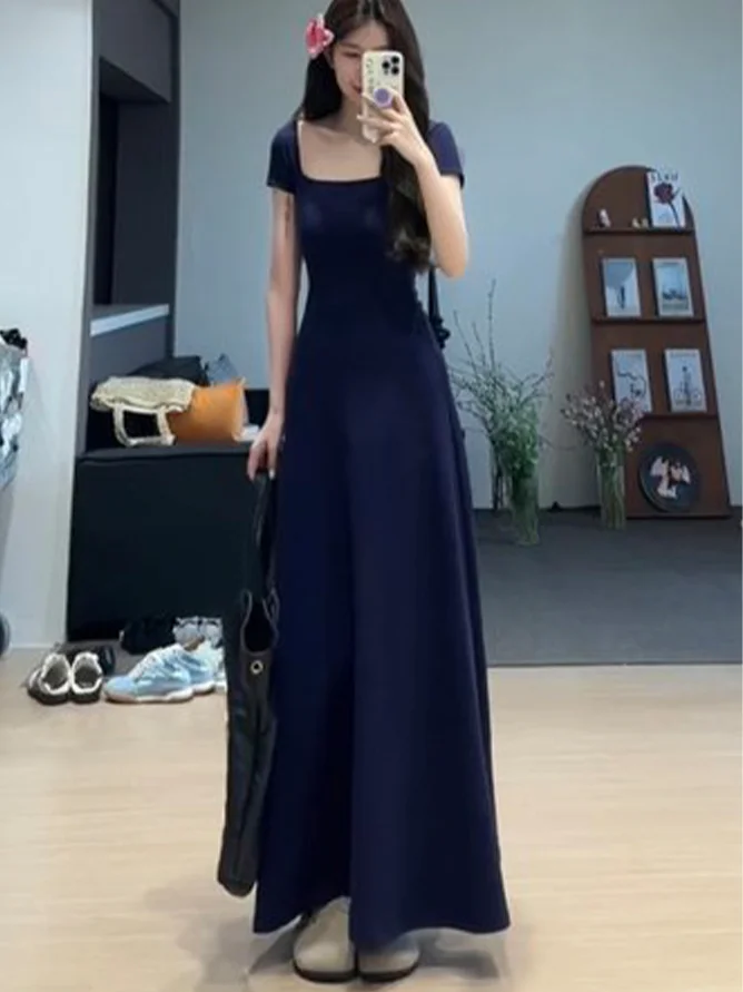 

Fashion Retro Square Collar Short-sleeved Temperament Solid Color Waist-hugging Dress for Women Stretch Knitted