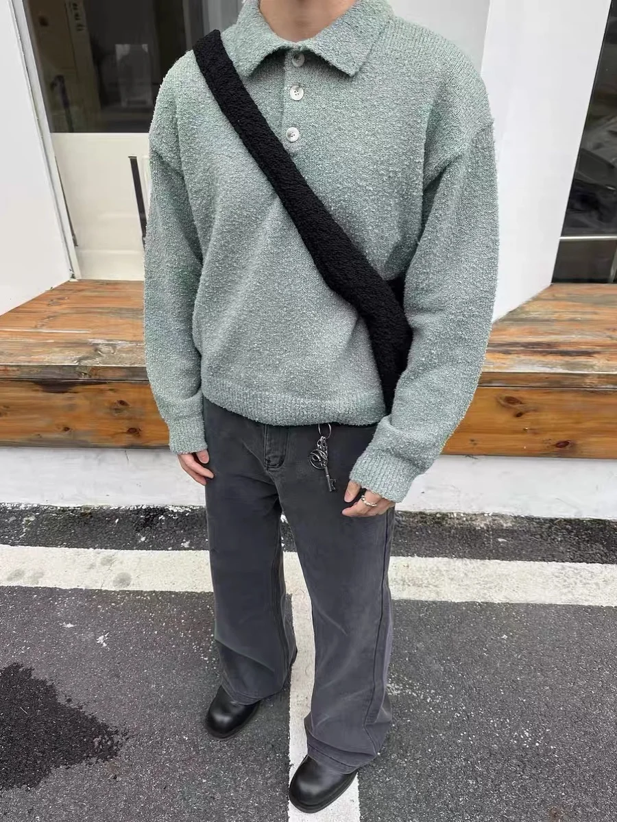 

Soft American Sle Knitted Sweater Men's ort Wide Boxy Version Lazy Skin-friendly Long Sve Top Circle Yarn Winter Clothes