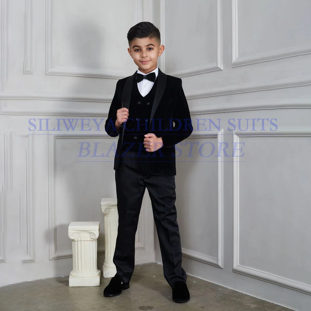 

Elegant Black Boy's Suits High Quality Single Breasted Shawl Lapel Slim Fit 3 Piece Jacket Pants Vest Kids Clothing Outfits Sets