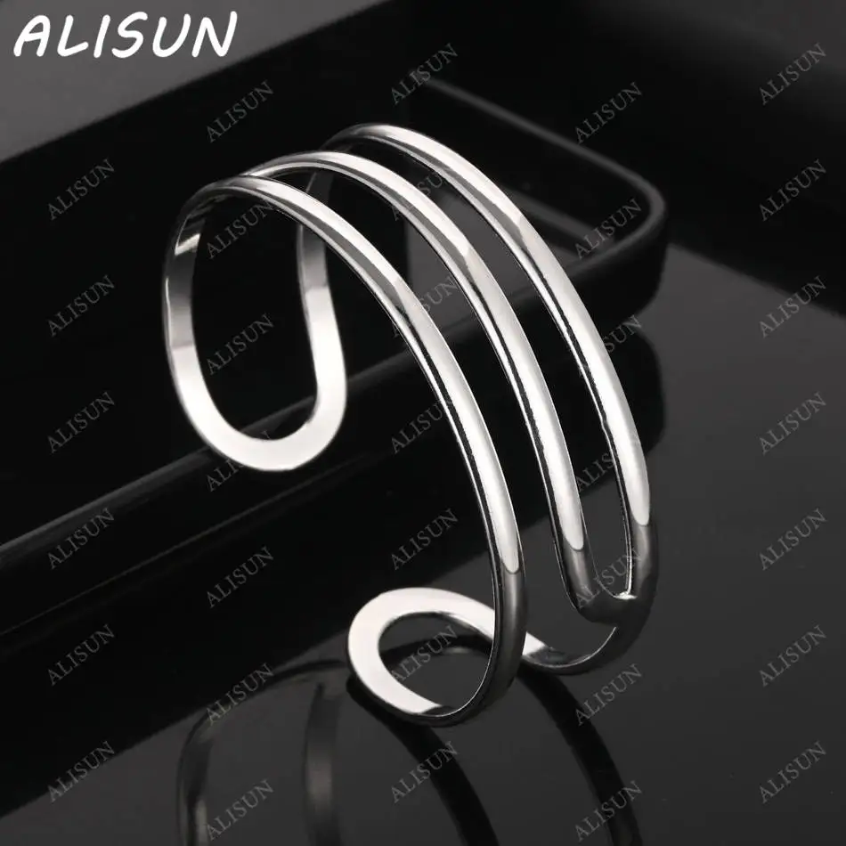 

ALISUN 925 Sterling Silver Design Line Open Bangle For Women Creativity Gifts Street All-match Party And Daily Wear