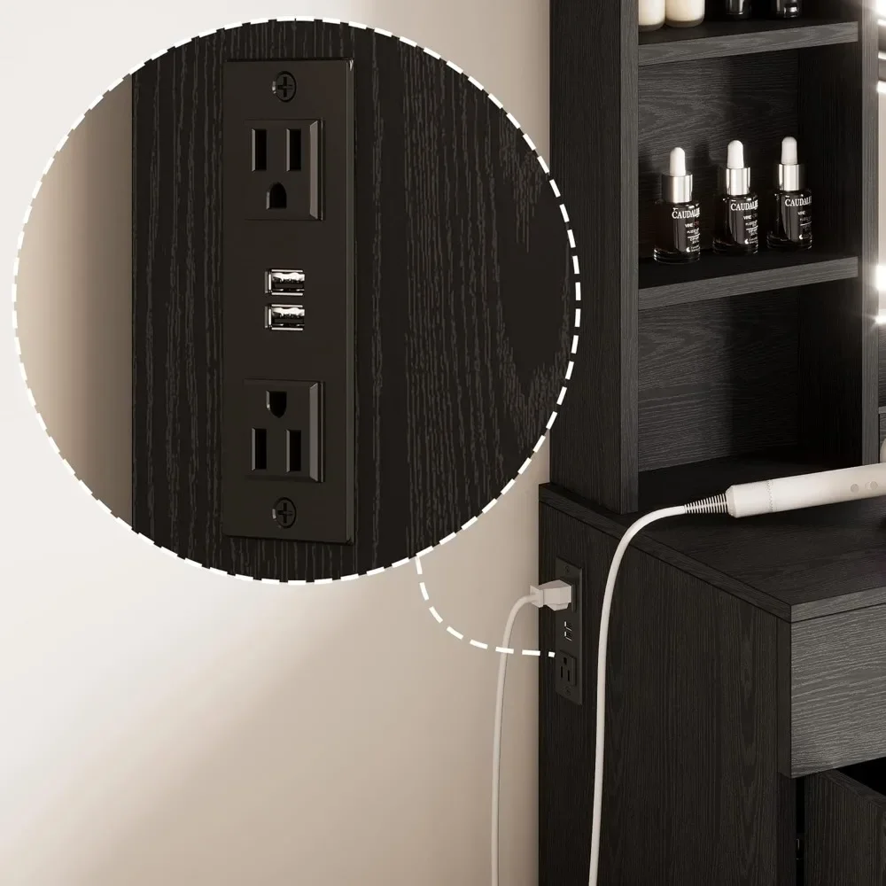 [عرض ساخن، عرض لفترة محدودة! ]مكتب زينة لغرفة النوم باللون الأسود مع مرآة LED ومخرج طاقة، كامل مع أدراج وكابينة تخزين