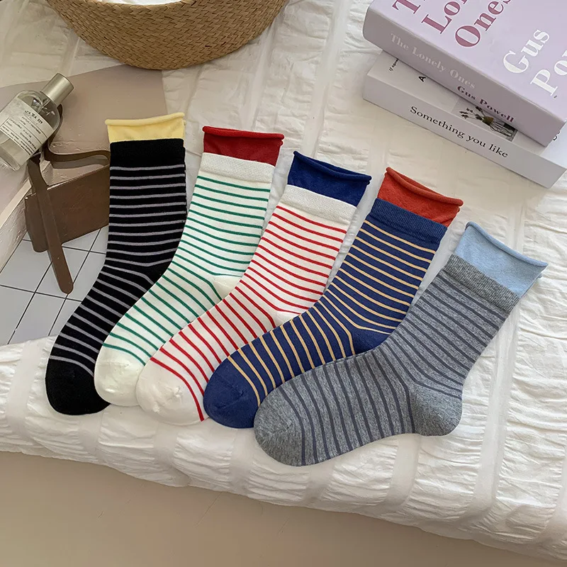 

5 Pairs Striped Socks Women Fashion 2025 Fall New Mid-Calf Socks Ladies Color-Blocked Korean Style Cotton Socks Set High Quality