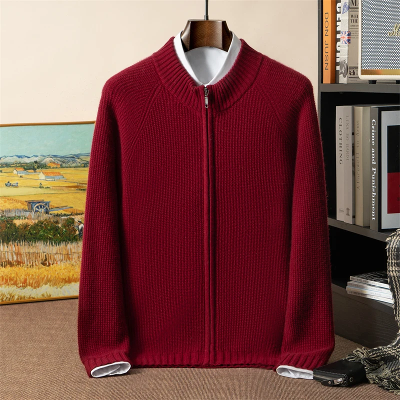 Men's Zippered Thick Cashmere Cardigan Sweater Jacket 100% Knitted Winter Warmth Clothing for Christmas