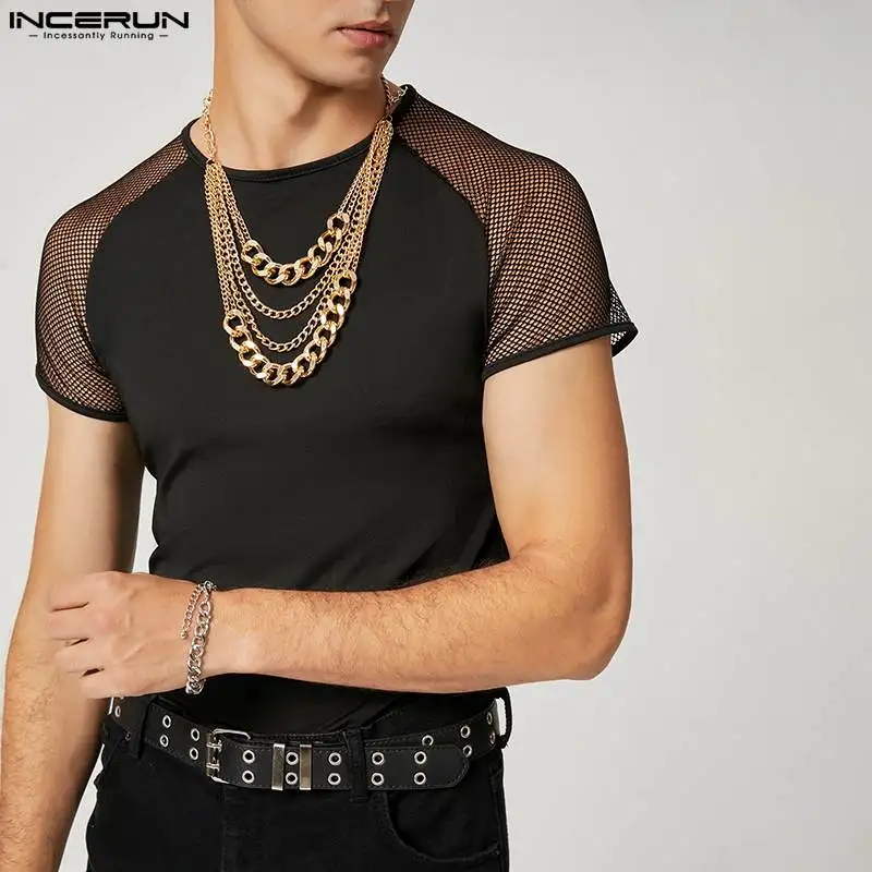 2024 Men T Shirt Mesh Patchwork O-neck Short Sleeve Summer Casual Tee Tops Men Sexy Streetwear Stylish Camisetas S-5XL INCERUN