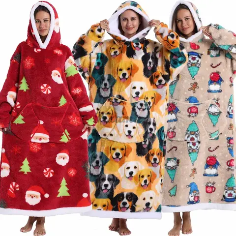 Super Long Women Men Oversized Hoodies One Piece Hooded Sweatshirts Christmas Robes Pijamas TV Blankets Wearable Nighty Dresses