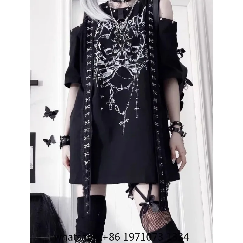 Summer Vintage Skull Printing Punk T-Shirt Women Harajuku Off Shoulder Grunge Tops Vintage Oversized Y2k Aesthetic Zipper Tees