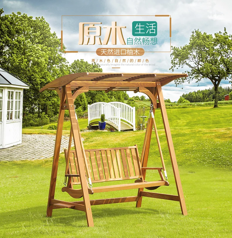 Three-person swing chair, Southeast Asian solid wood courtyard garden, roof indoor swing rocking chair, teak lift