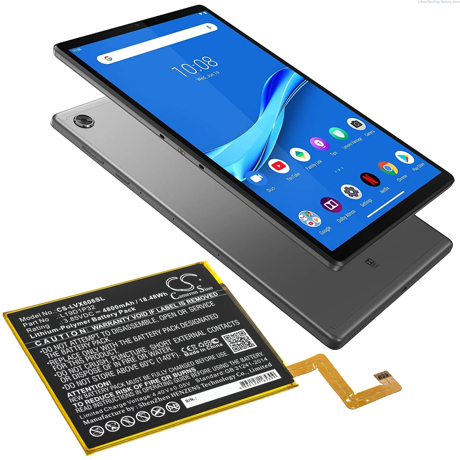 Cameron Sino 3.85V 4800mAh Tablet Battery L19D1P32 for Lenovo Tab M10 Plus, TB-X606F +TOOLS KIT