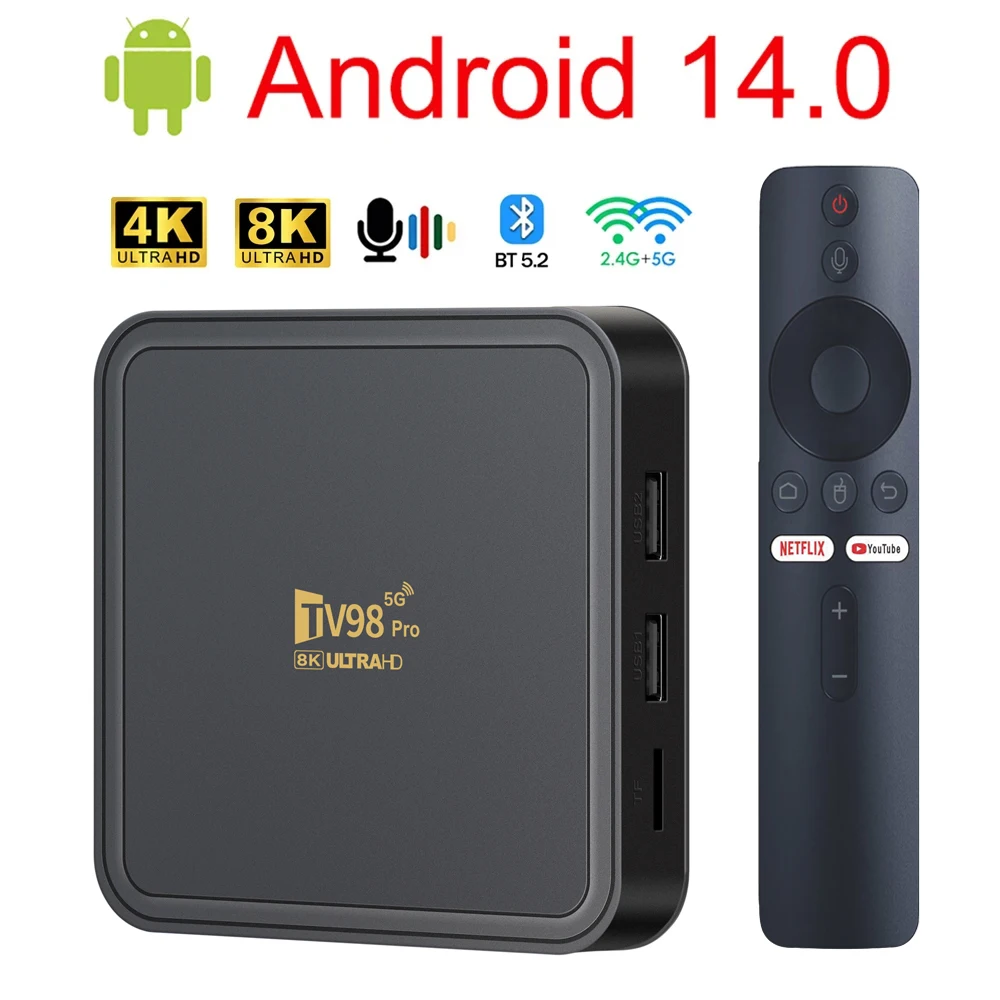 TV98 PRO TV Box Android 14 ATV H313 Quad Core 5G Dual Wifi 8K 4K Media Player TB 5.2 Suporte Controle Remoto de Voz TV Box