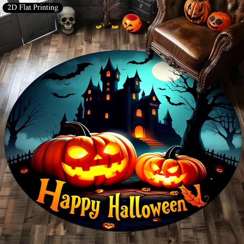 Happy Halloween Pumpkin Haunted House Round Rug,Bat Full Moon Printed Circular Floor Carpet,Spooky Holiday Indoor Home