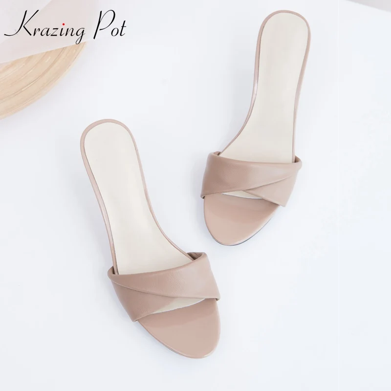 Krazing Pot Sheep Skin Full Grain Leather Peep Toe Fashion Women Thin High Heel Sandals Dress Concise Apricot Summer Mules