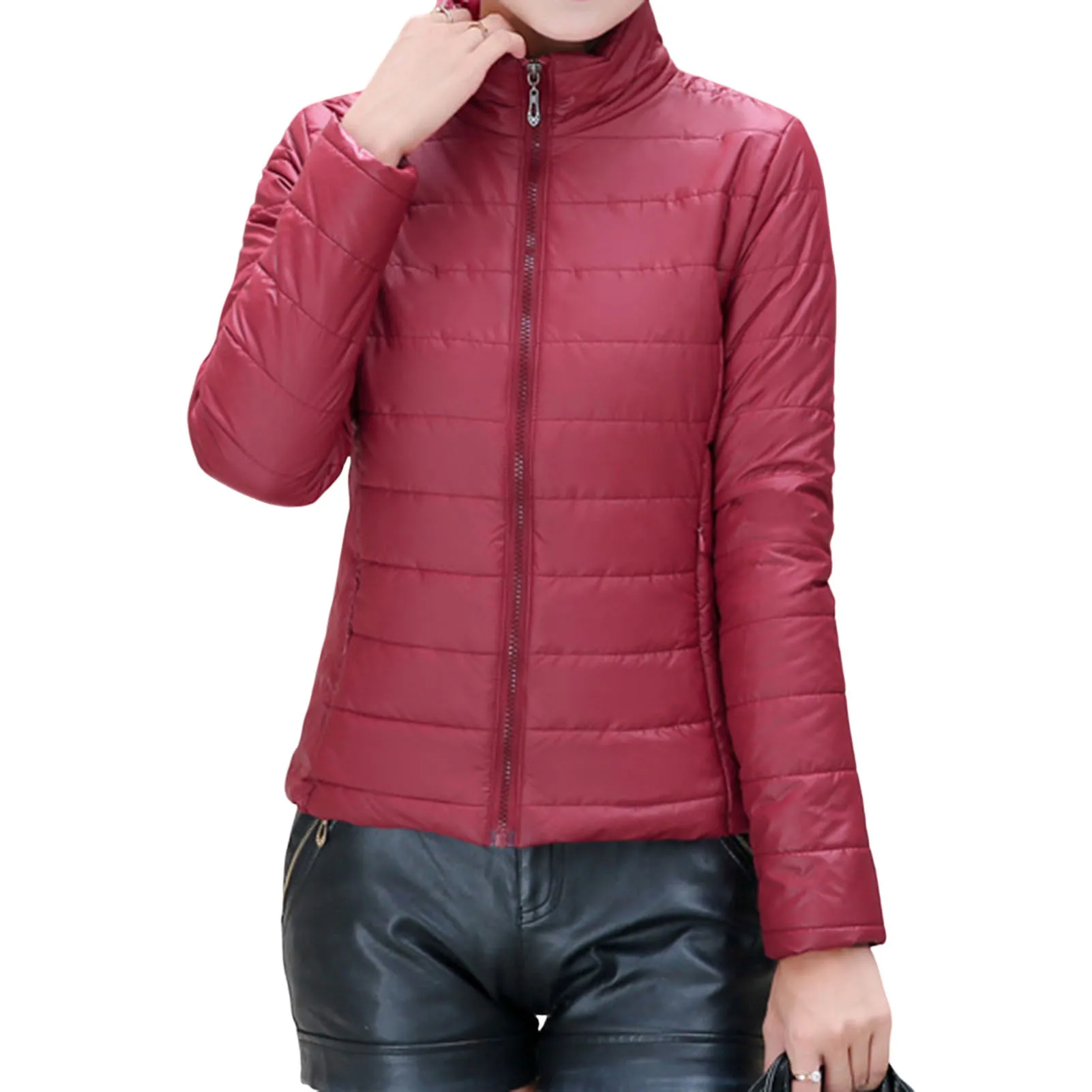 Women Zip-up Padded Coat Solid Color Warm Thicken Short Bubble Coat Suitable for Going Shopping Wea