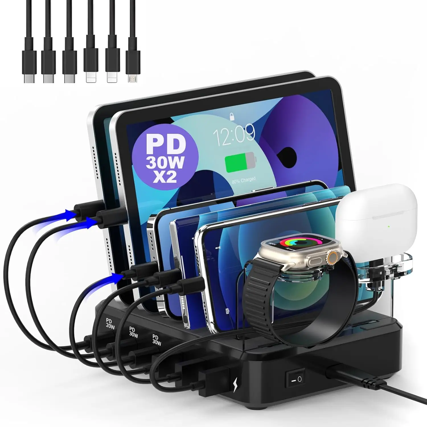 ใหม่เครื่องชาร์จหลายพอร์ตโทรศัพท์มือถือแท็บเล็ตประเภท-C พอร์ต USB นาฬิกาชุดหูฟังเครื่องชาร์จไร้สาย 8in1 พอร์ตอะแดปเตอร์ฮับมัลติฟังก์ชั่น